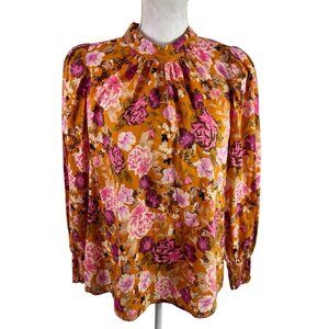 Who What Wear Women's L Long Bishop's Sleeve Blouse Pumpkin Floral‎ EUC
